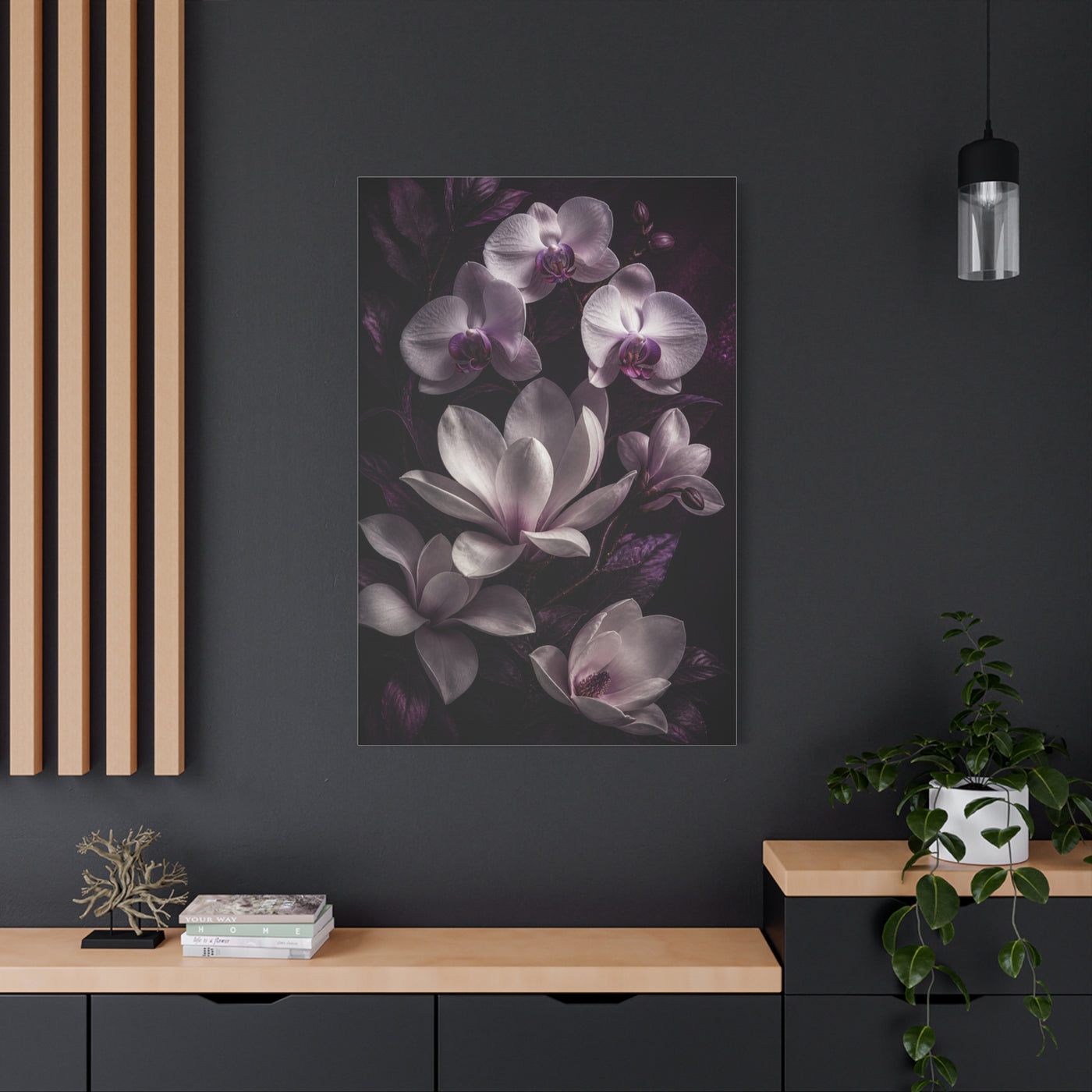 White Orchid and Magnolia Night Floral Wall Art & Canvas Print