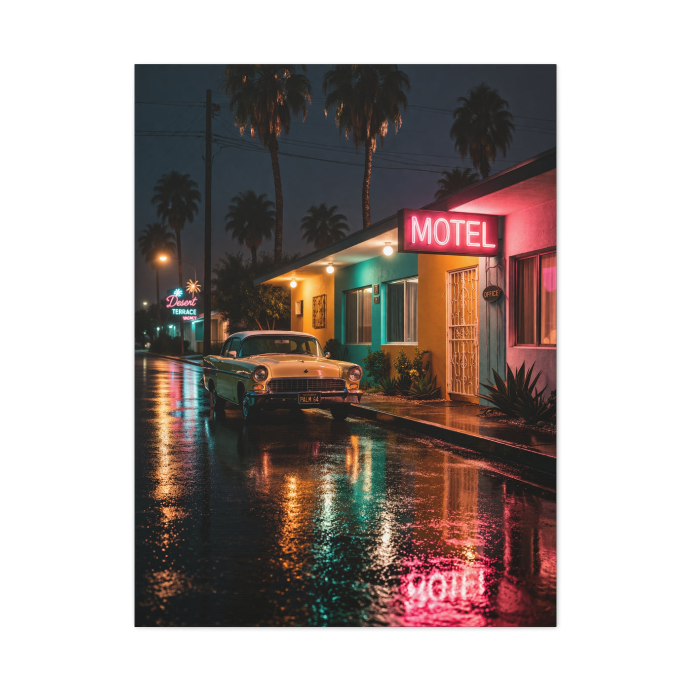 Neon Motel Night Reflection Wall Art & Canvas Print