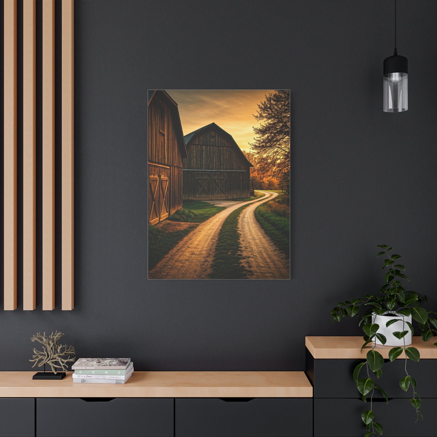 Country Road Between Rustic Barns at Golden Hour Wall Art & Canvas Prints