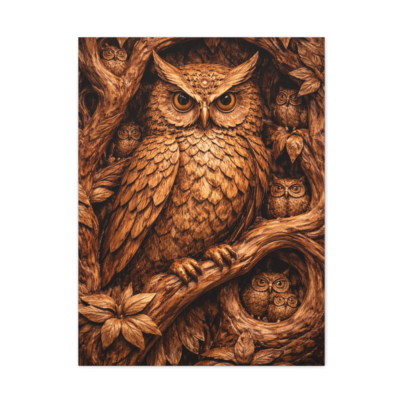 Hand-Carved Owl Family Wood Relief Wall Art & Canvas Print