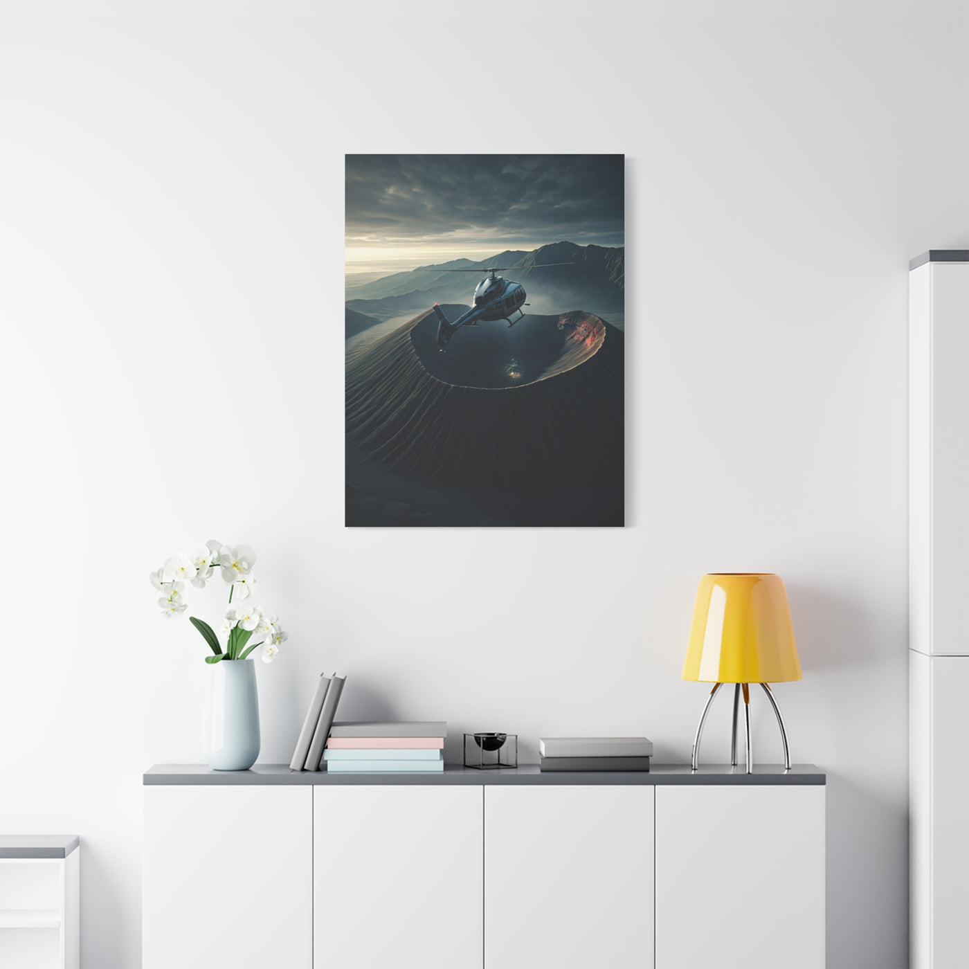 Helicopter Over Volcano Crater Wall Art & Canvas Prints