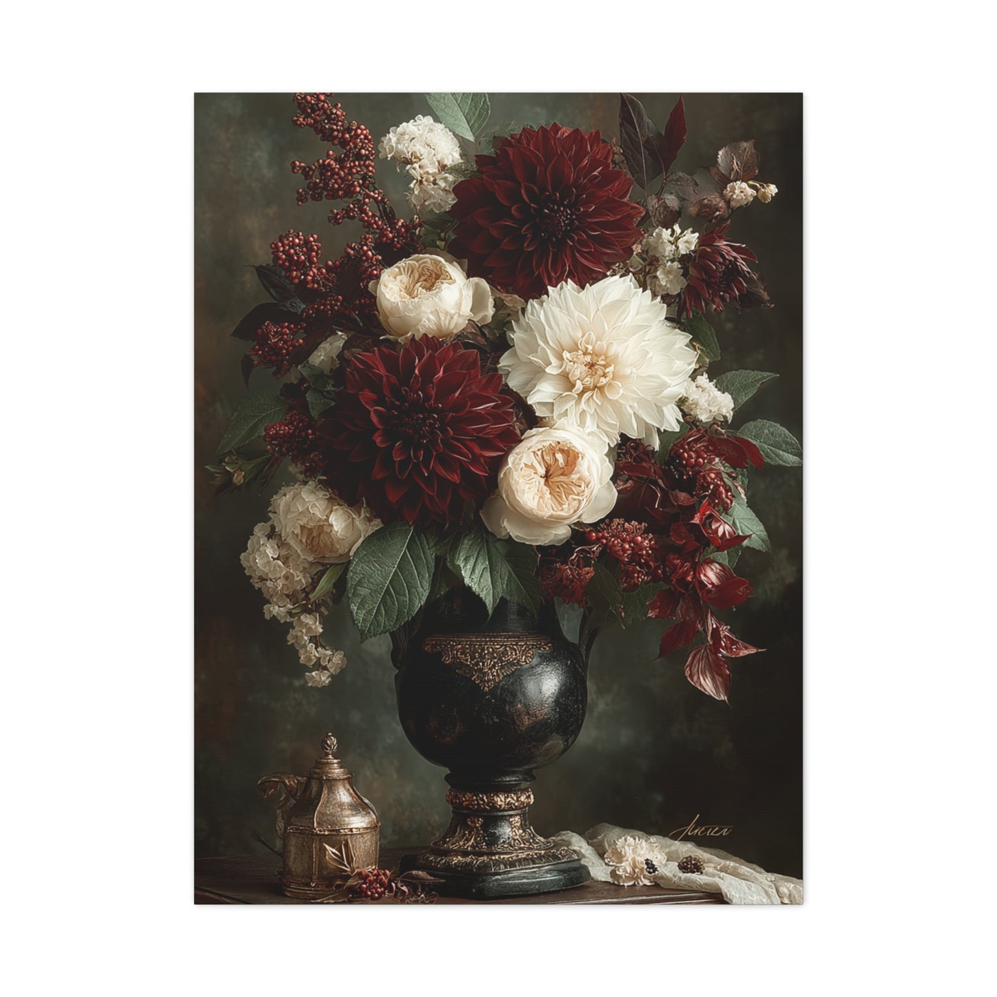 Burgundy Dahlia Floral Still Life Wall Art & Canvas Print
