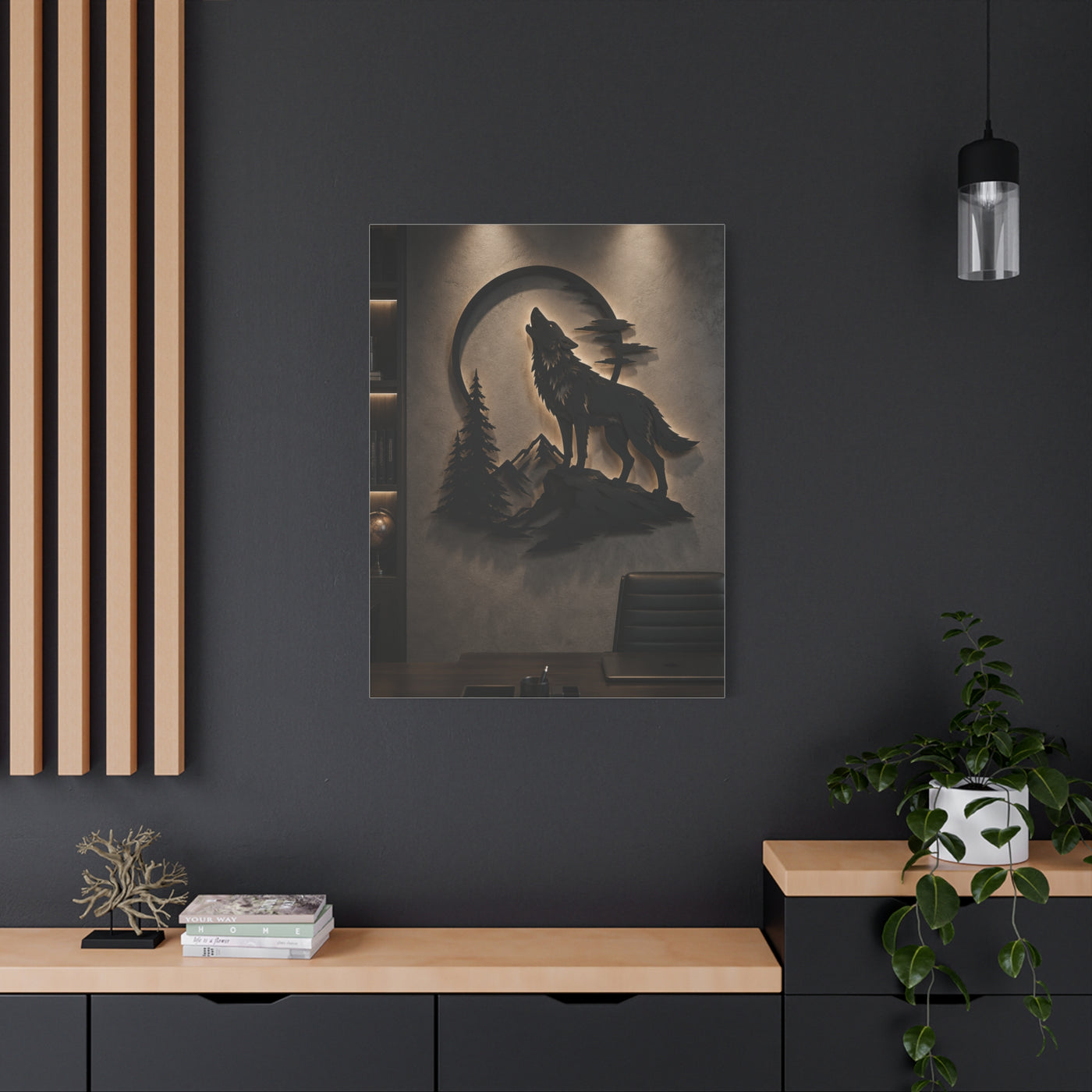 Minimal Howling Wolf Moon Relief Panel Wall Art & Canvas Print