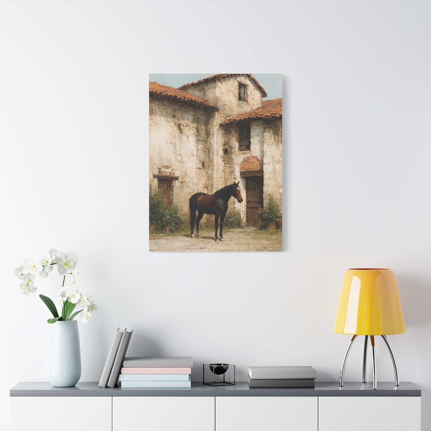 Rustic Courtyard Horse Scene Wall Art & Canvas Print