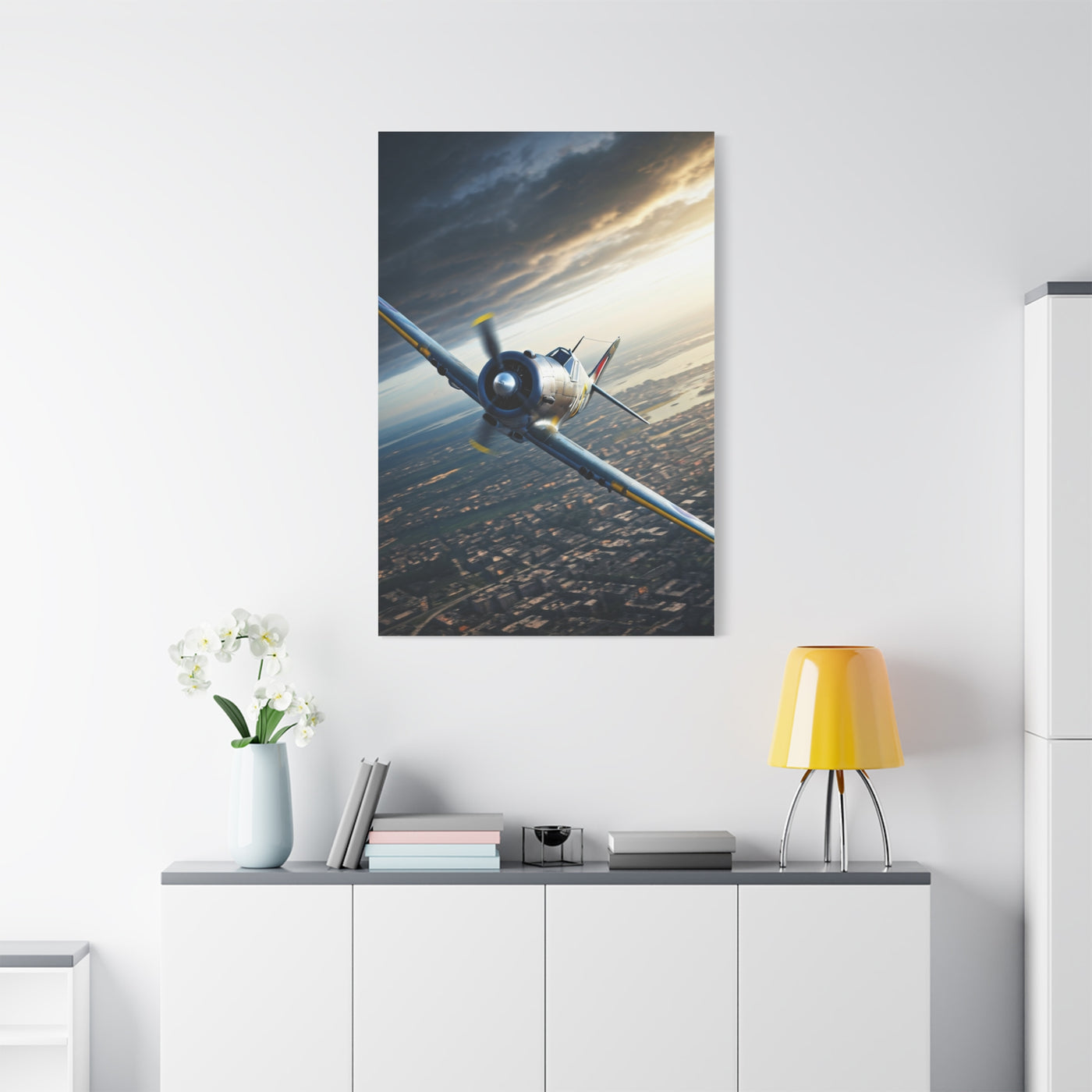 Vintage Fighter Dive Over the City Wall Art & Canvas Prints
