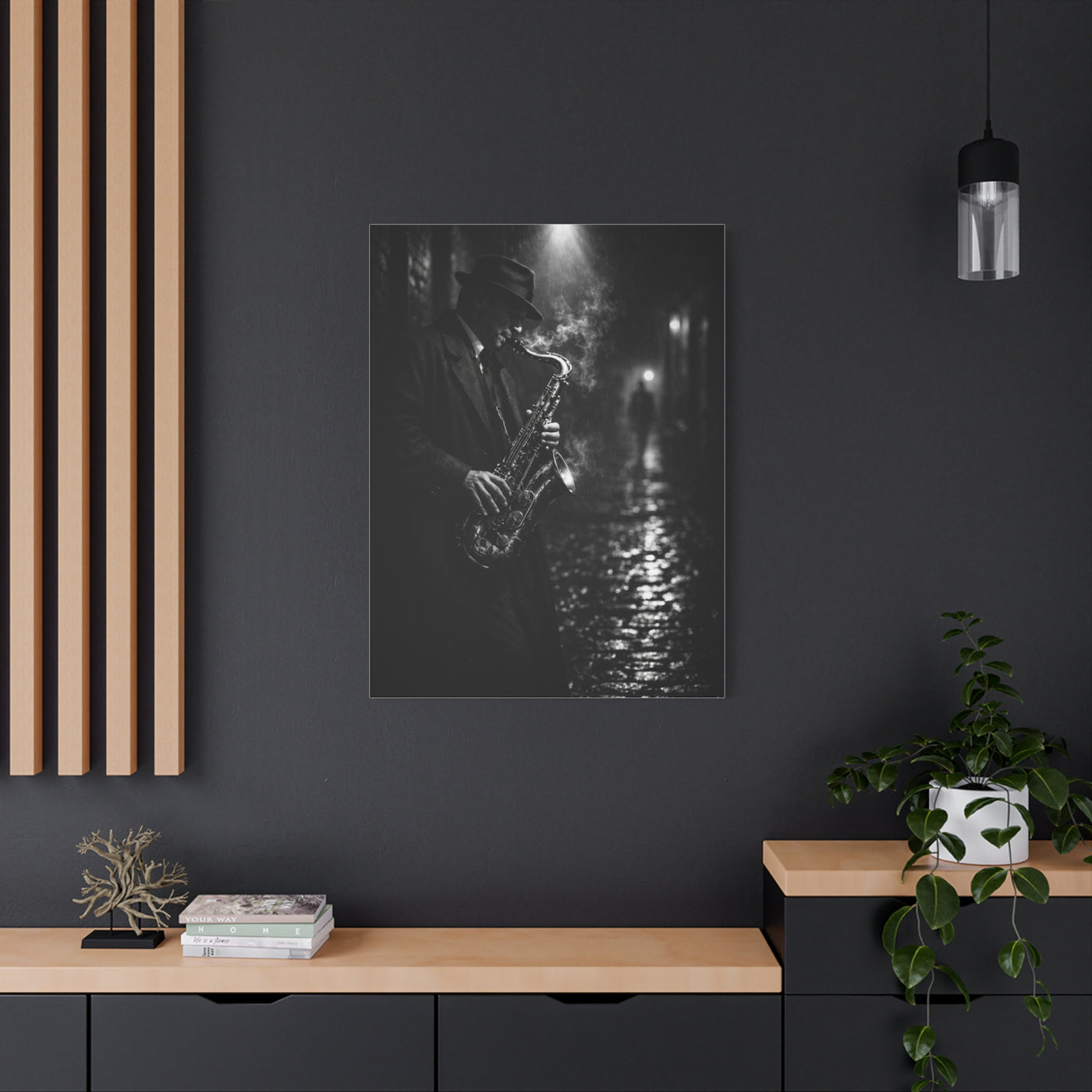 Noir Jazz Saxophone Alley Wall Art & Canvas Print