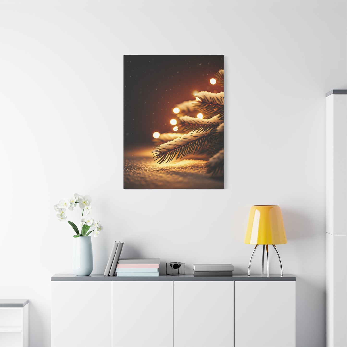 Snowy Pine Branch Fairy Lights Wall Art & Canvas Print