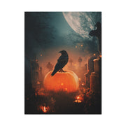 Crow on Pumpkin in Moonlit Graveyard Wall Art & Canvas Print