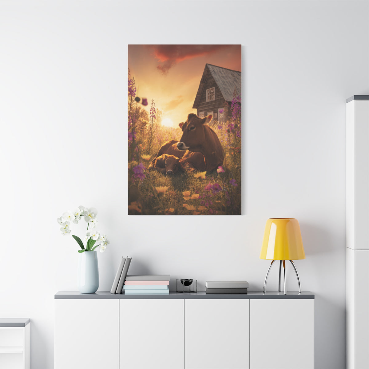 Sunset Farm Meadow Cow and Calf Wall Art & Canvas Print