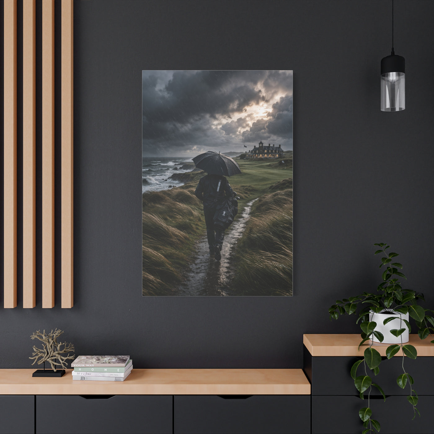 Stormy Seaside Golfer Journey Wall Art & Canvas Print