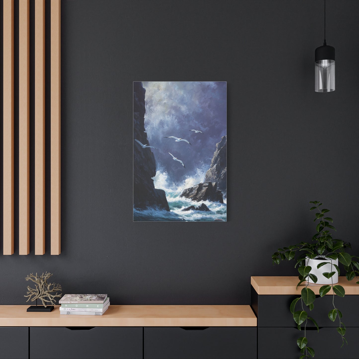 Seagulls Flying Above Crashing Coastal Waves Wall Art & Canvas Print