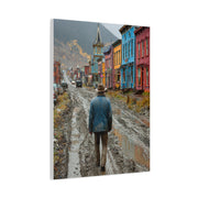 Lone Cowboy Walking Through a Rainy Frontier Street Wall Art & Canvas Print