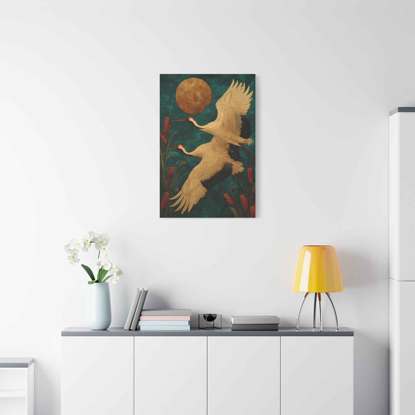 Golden Moon & Green Sky Crane Flight Wall Art & Canvas Print