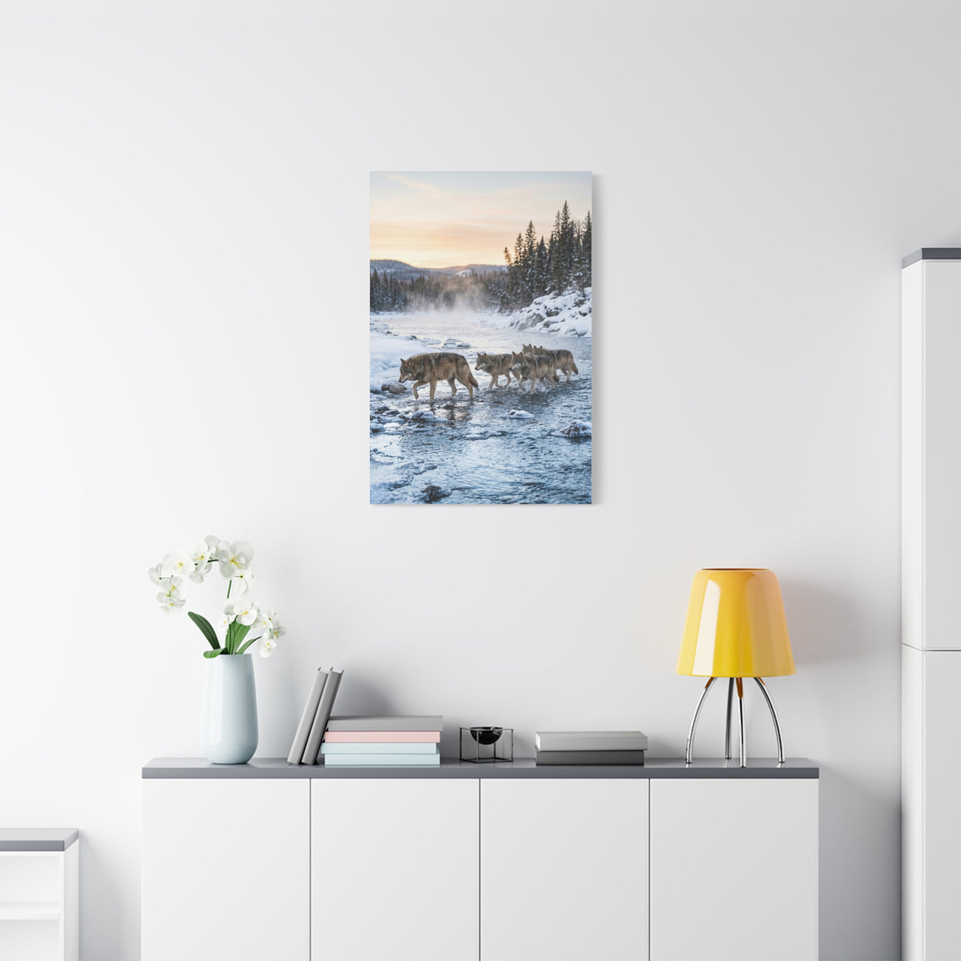 Winter River Wolf Pack Crossing Scene Wall Art & Canvas Print
