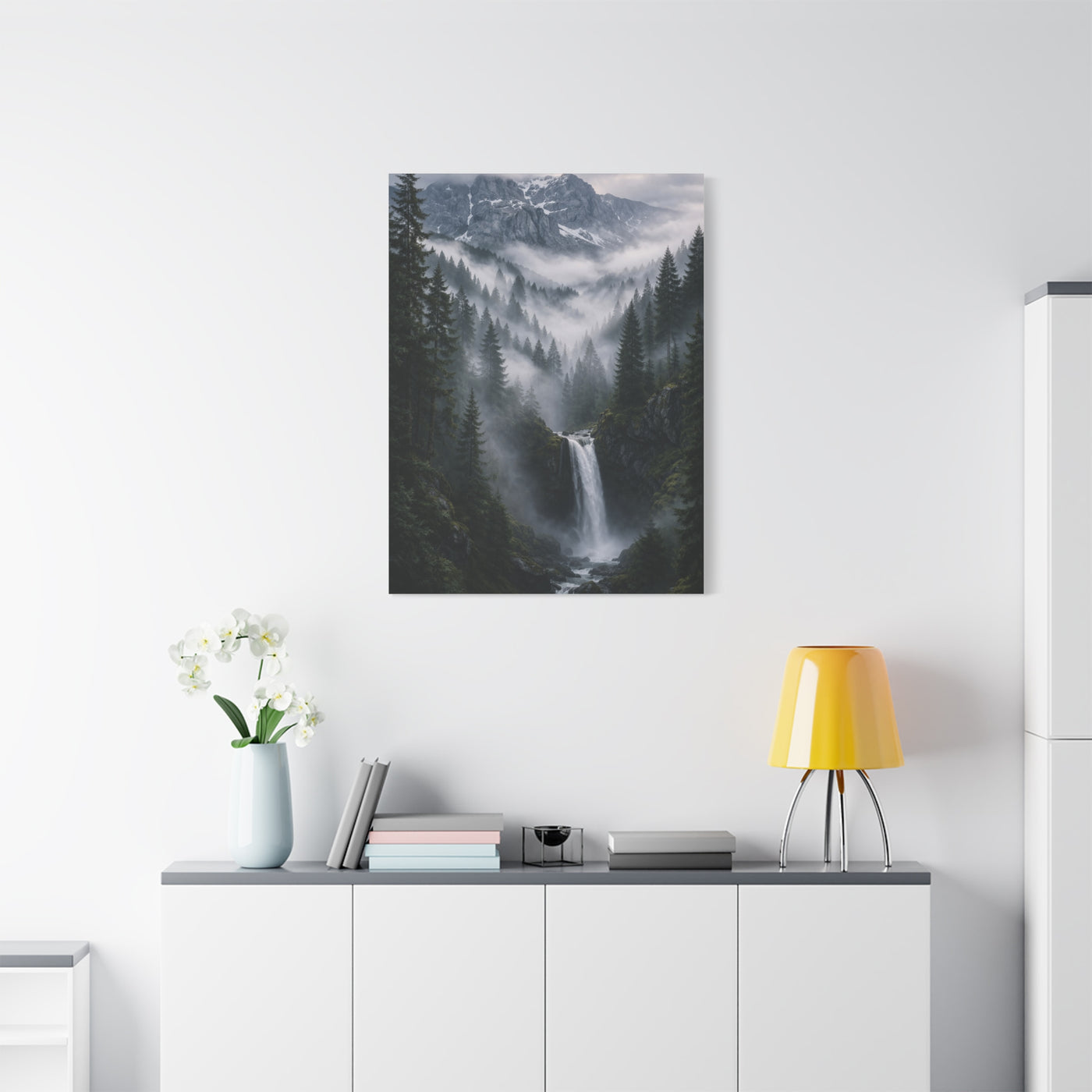 Fog-Filled Conifer Valley & Waterfall Wall Art & Canvas Print