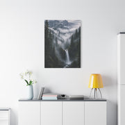 Fog-Filled Conifer Valley & Waterfall Wall Art & Canvas Print