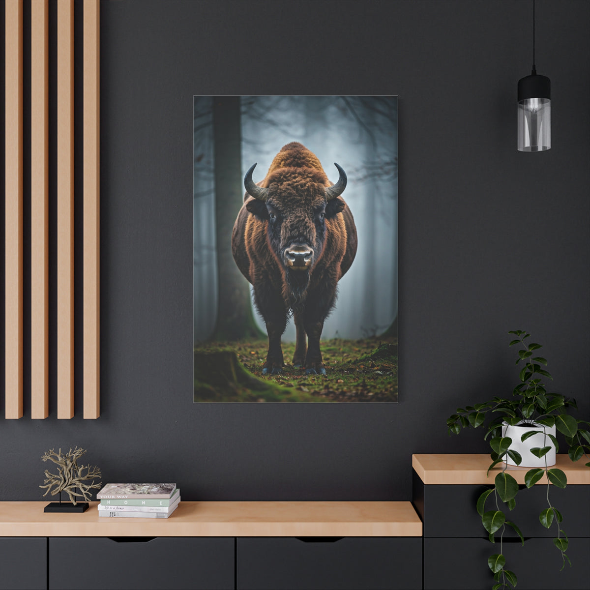 Bison Emerging from Forest Mist Wall Art & Canvas Print