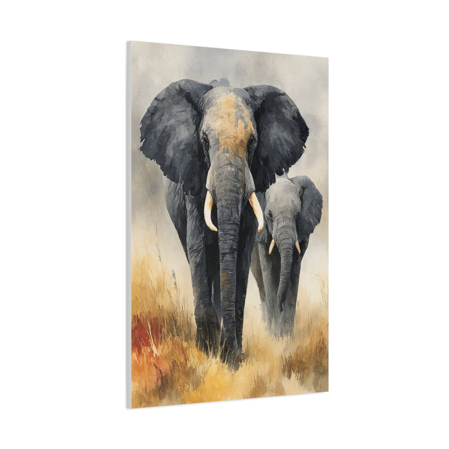 Mother and Calf Elephant Watercolor Wall Art & Canvas Print
