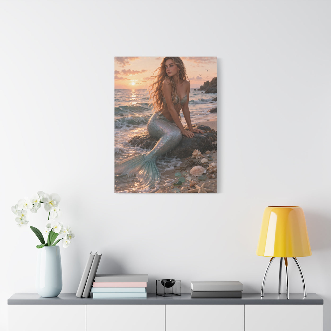 Golden Sunset Shore Mermaid Wall Art & Canvas Print