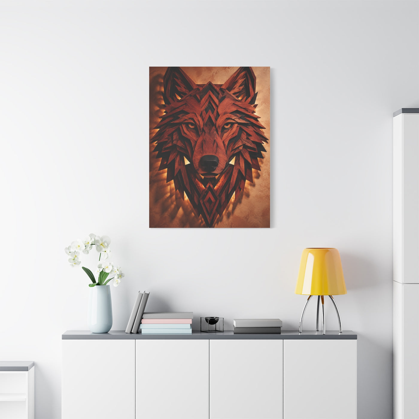 Geometric Carved Wood Wolf Head Sculpture Wall Art & Canvas Print