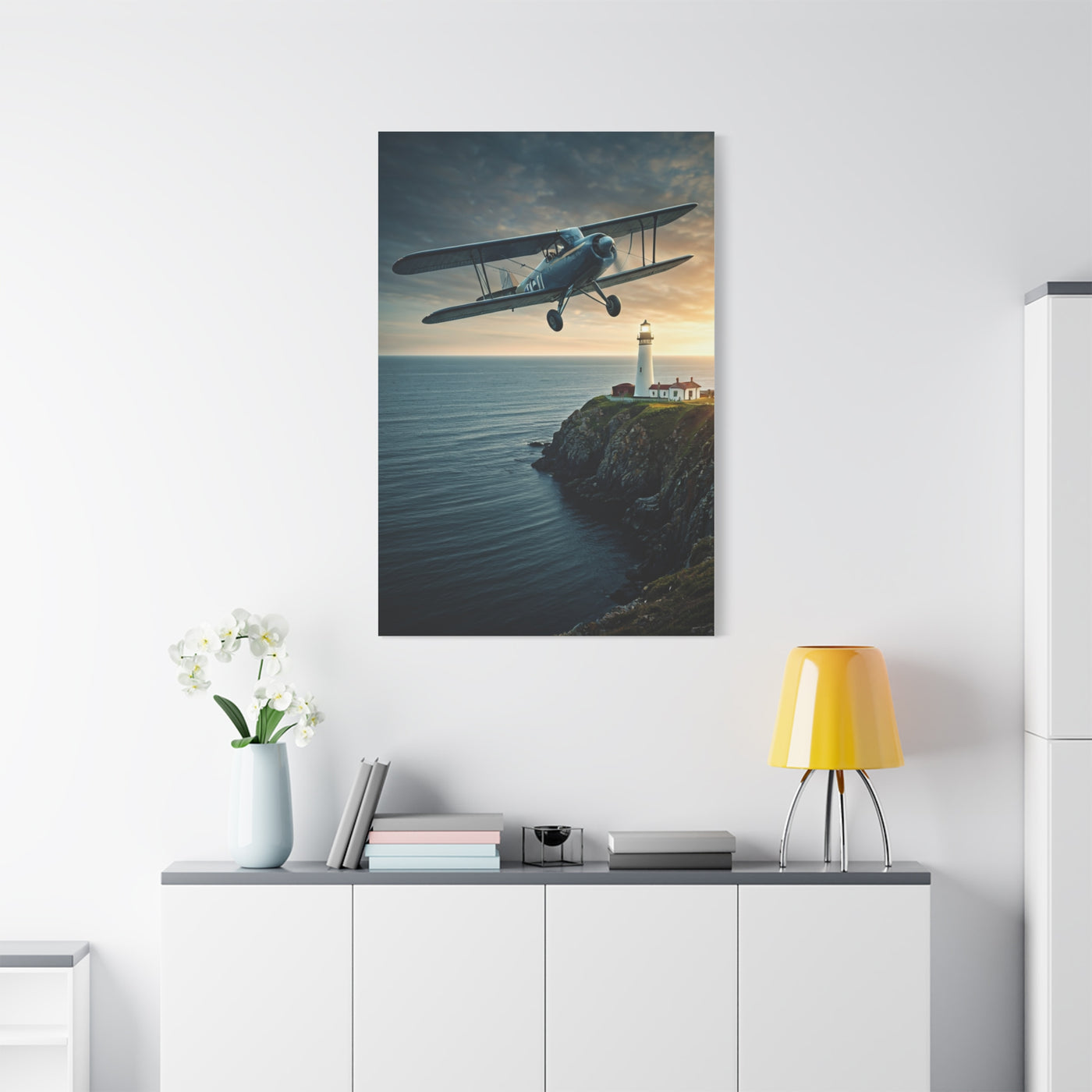 Coastal Biplane Over Lighthouse Horizon Wall Art & Canvas Prints