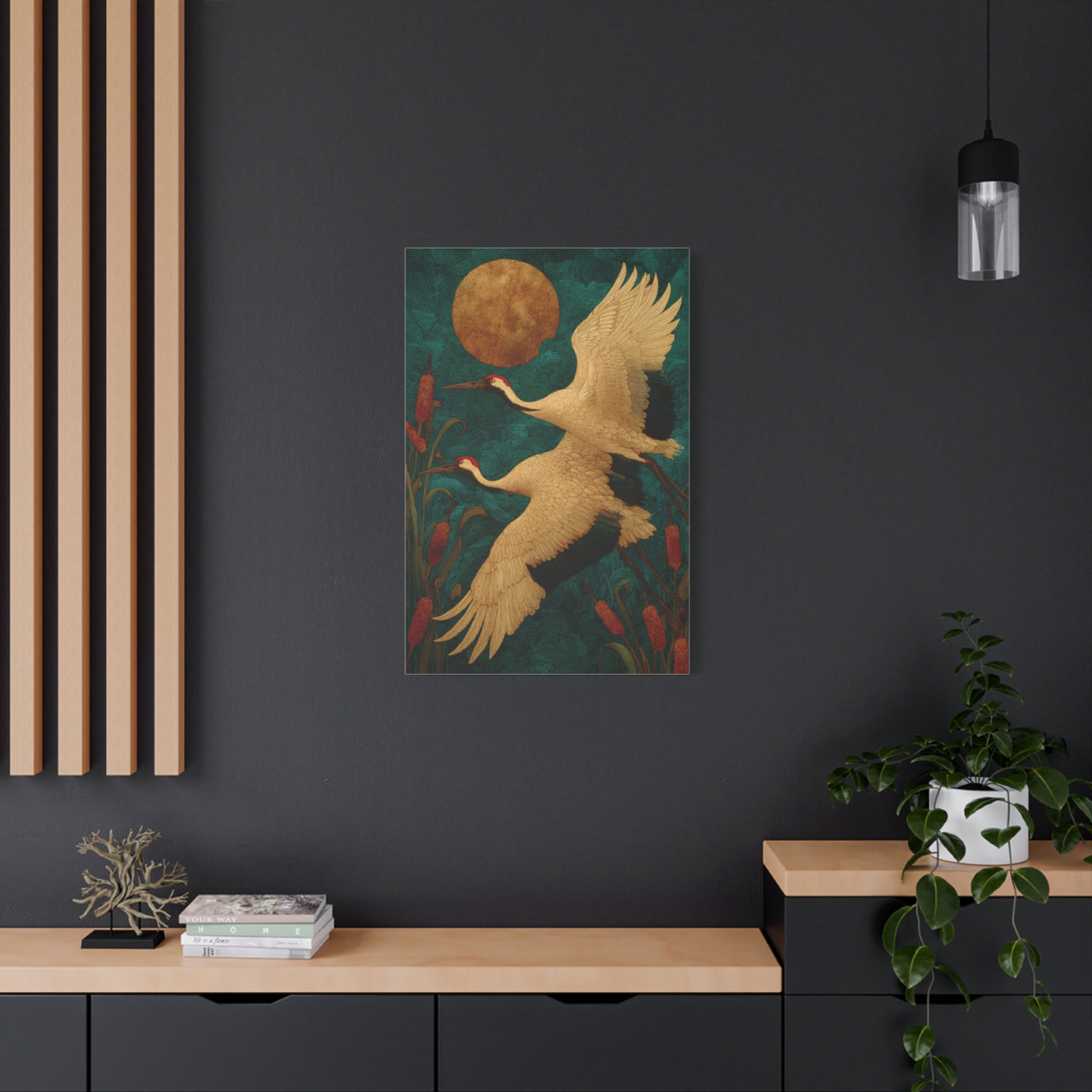 Golden Moon & Green Sky Crane Flight Wall Art & Canvas Print