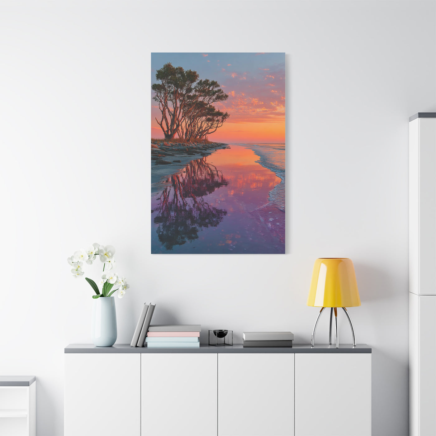 Driftwood Coastal Reflection Sunrise Wall Art & Canvas Print