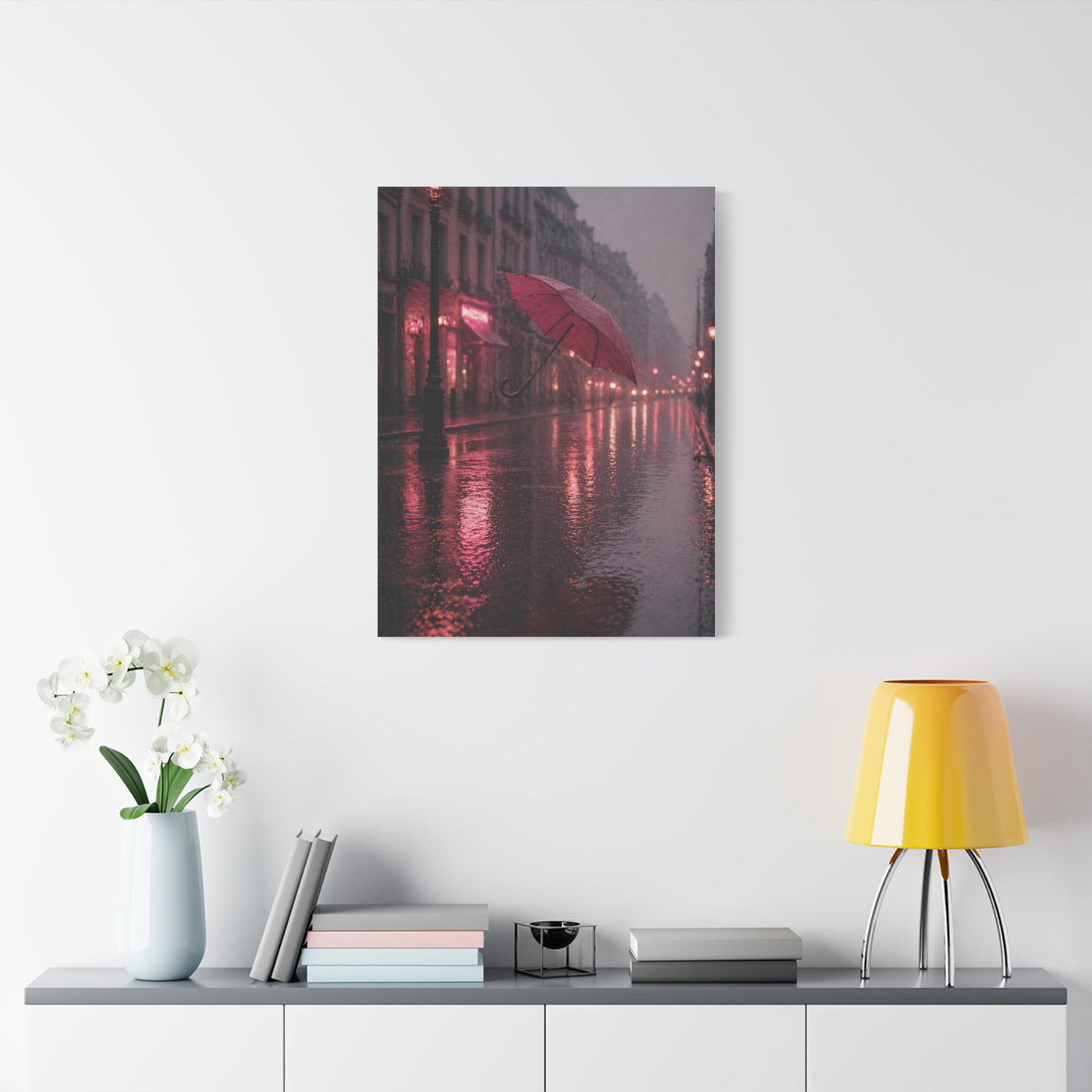 Romantic Pink Rain Street Reflection Wall Art & Canvas Print