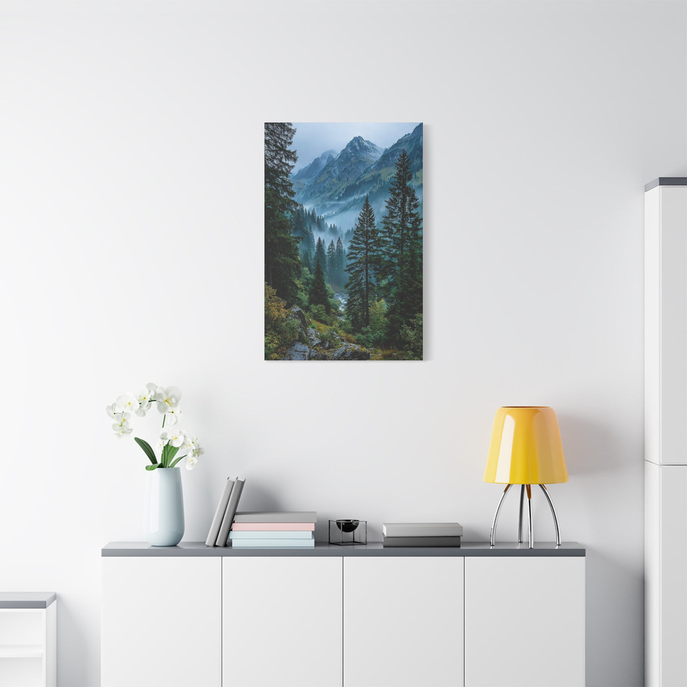 Misty Alpine Forest Valley Wall Art & Canvas Print
