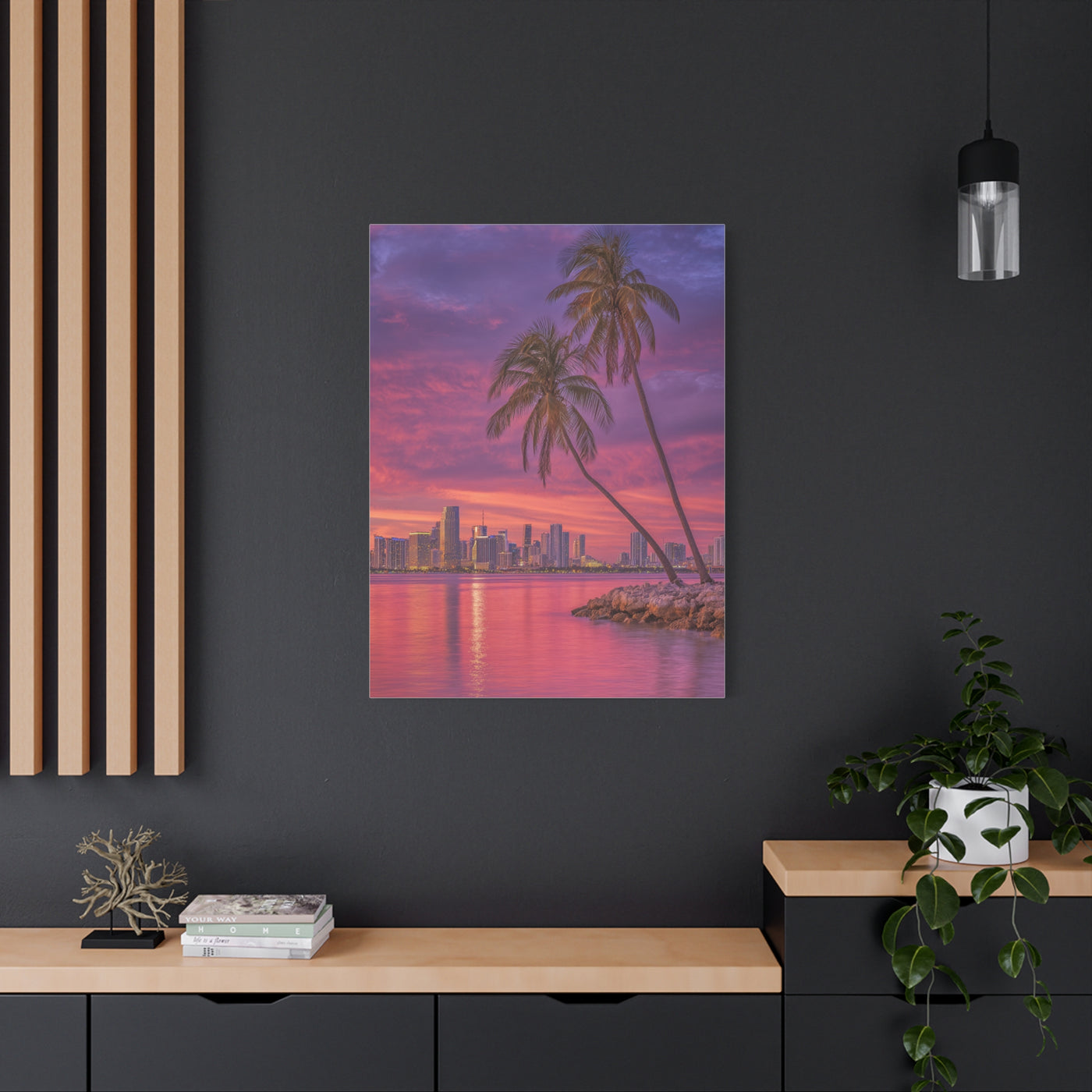Miami Skyline Tropical Sunset With Palm Trees Wall Art & Canvas Print