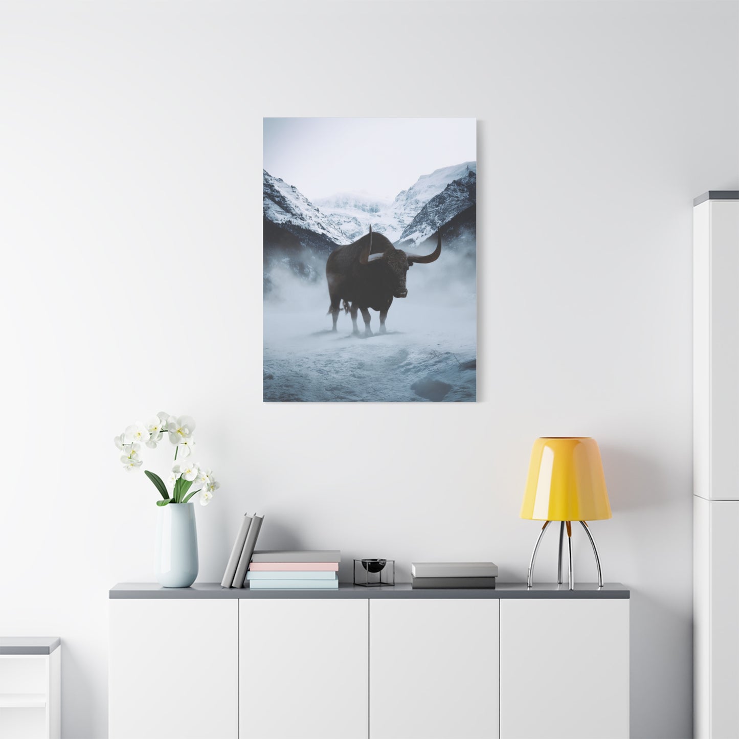 Lone Bull in Snowy Mountain Valley Wall Art & Canvas Print