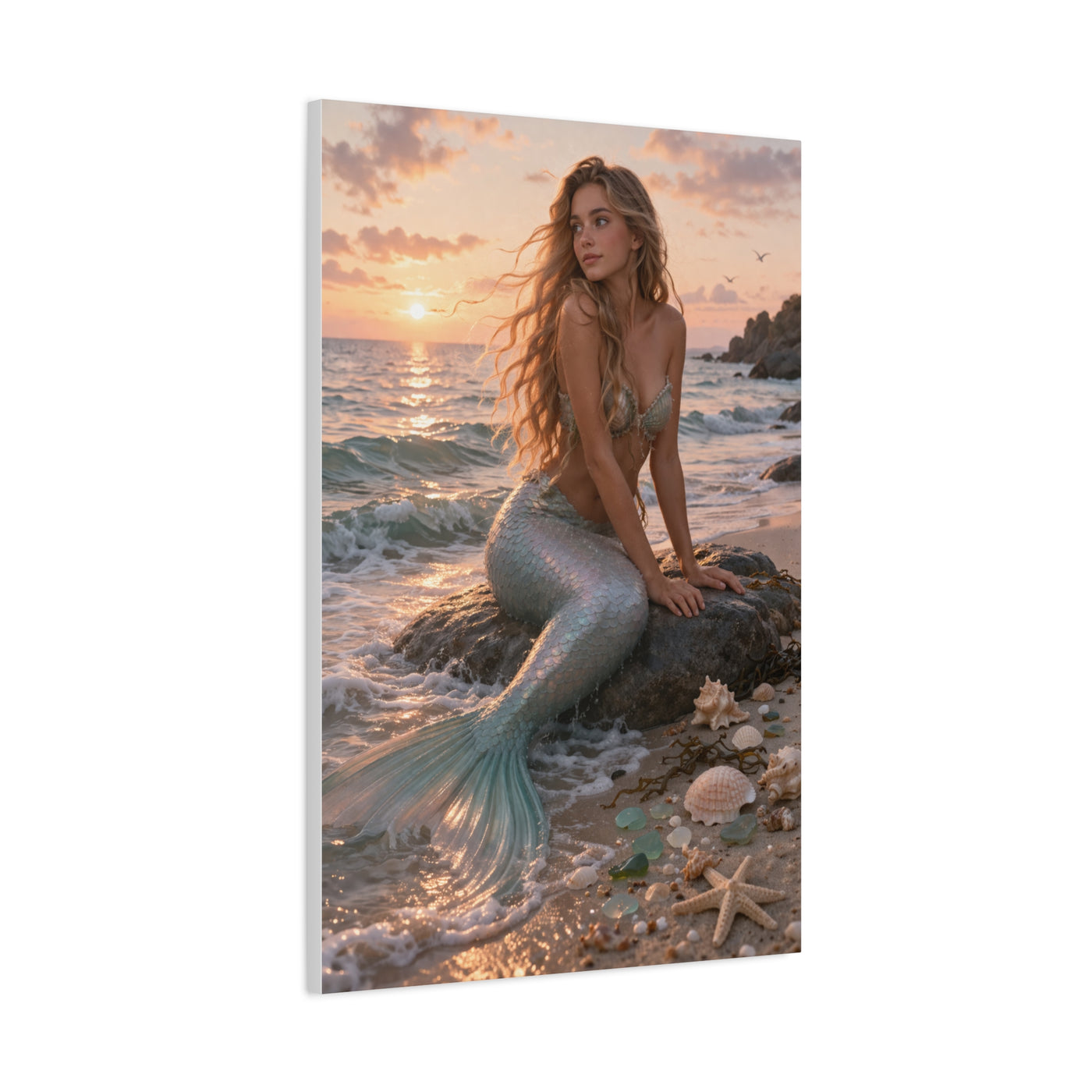 Golden Sunset Shore Mermaid Wall Art & Canvas Print