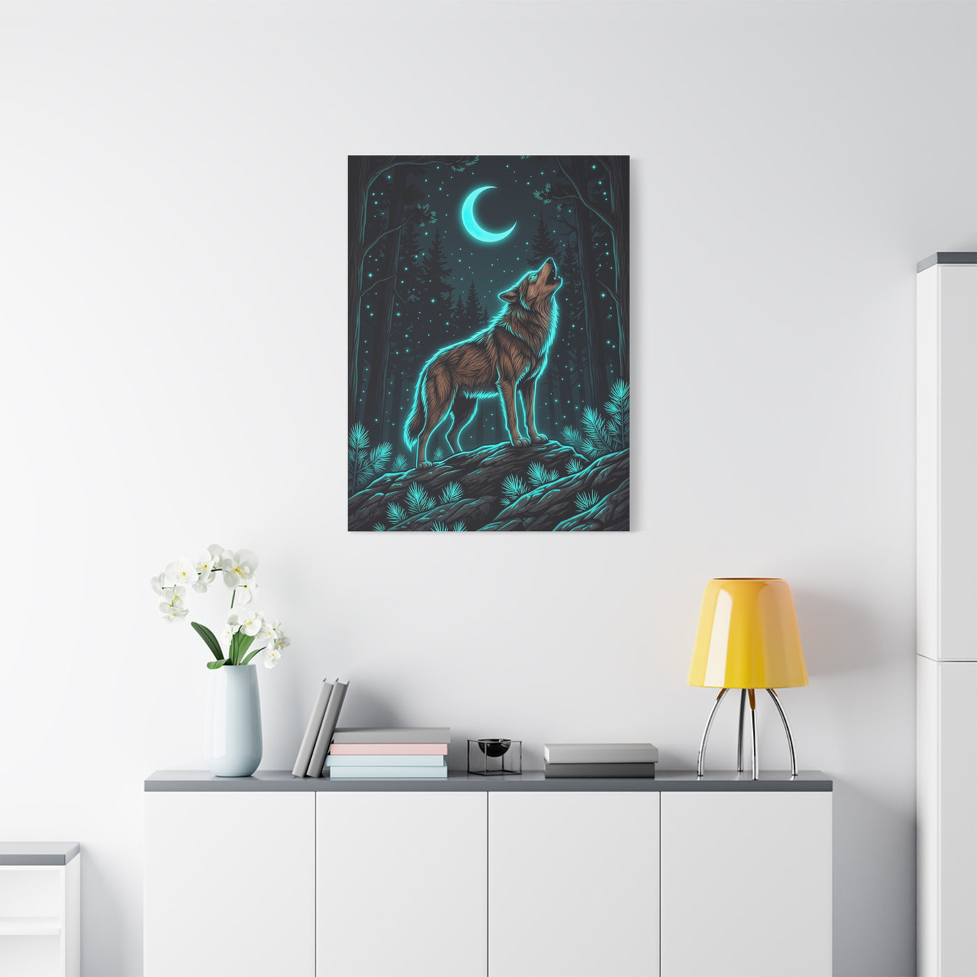 Moonlit Forest Wolf Neon Outline Scene Wall Art & Canvas Print