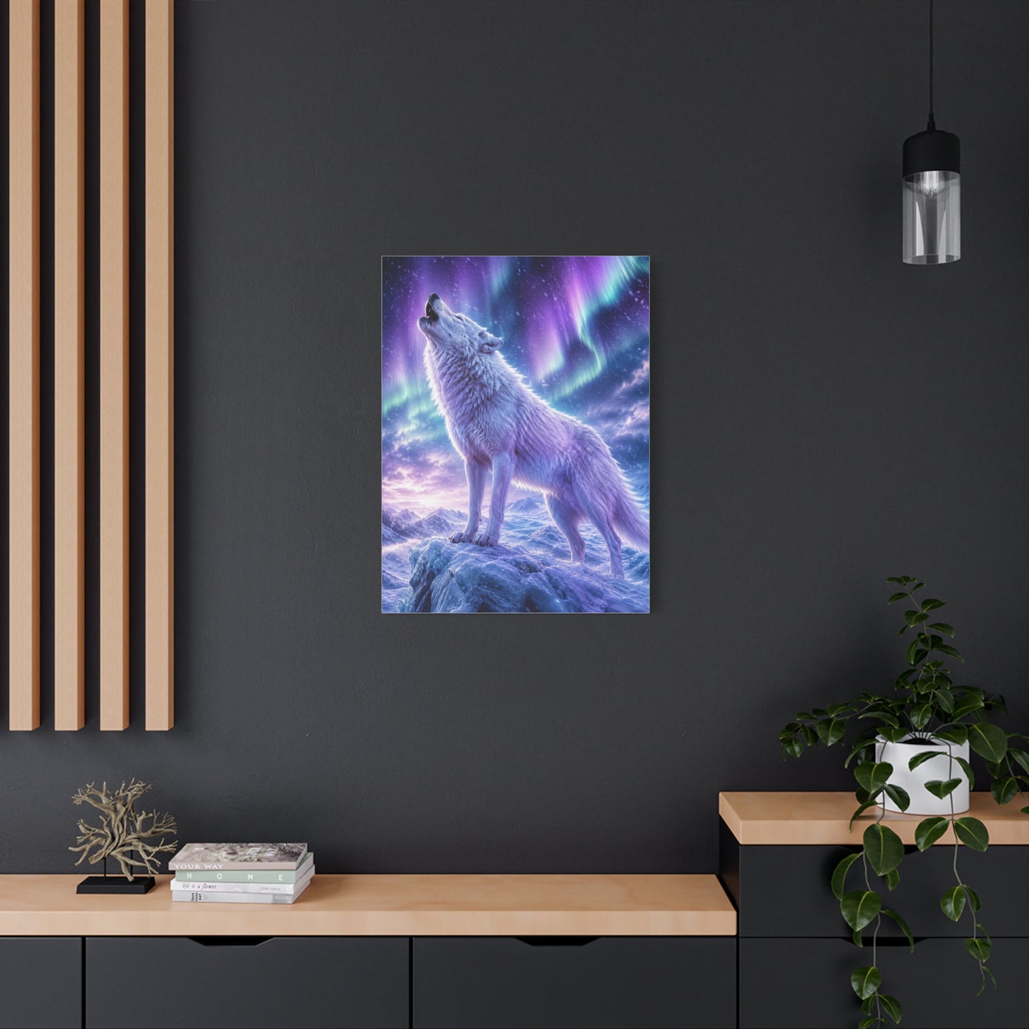 Aurora Night White Wolf Howling Scene Wall Art & Canvas Print