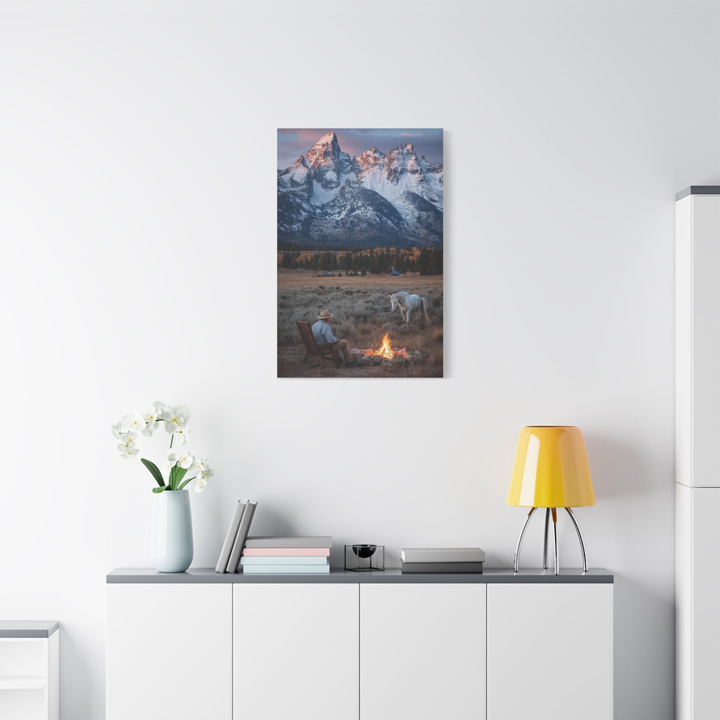 Lone Cowboy Walking Through Frontier Town Wall Art & Canvas Print