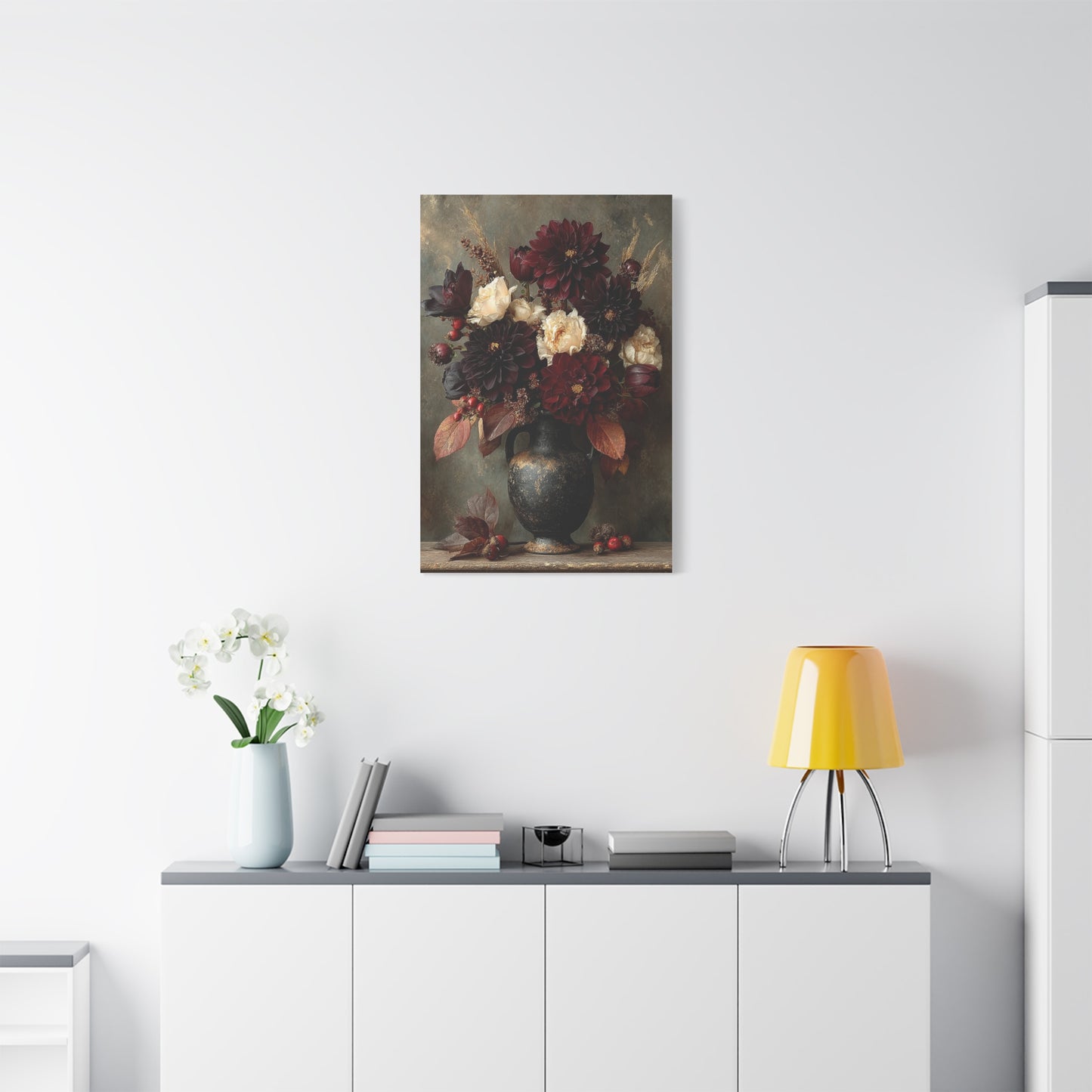 Burgundy Dahlia Autumn Floral Still Life Wall Art & Canvas Print