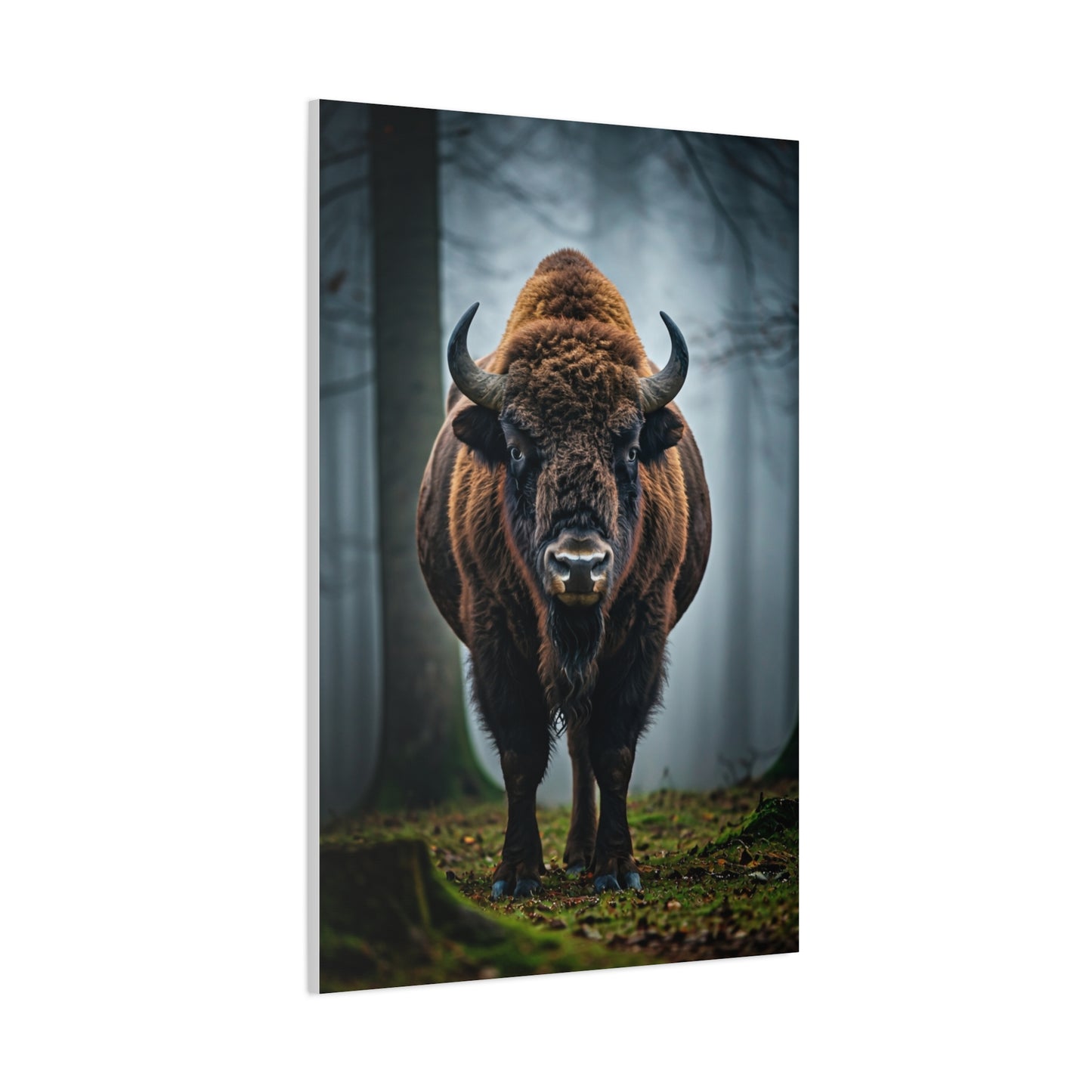 Bison Emerging from Forest Mist Wall Art & Canvas Print