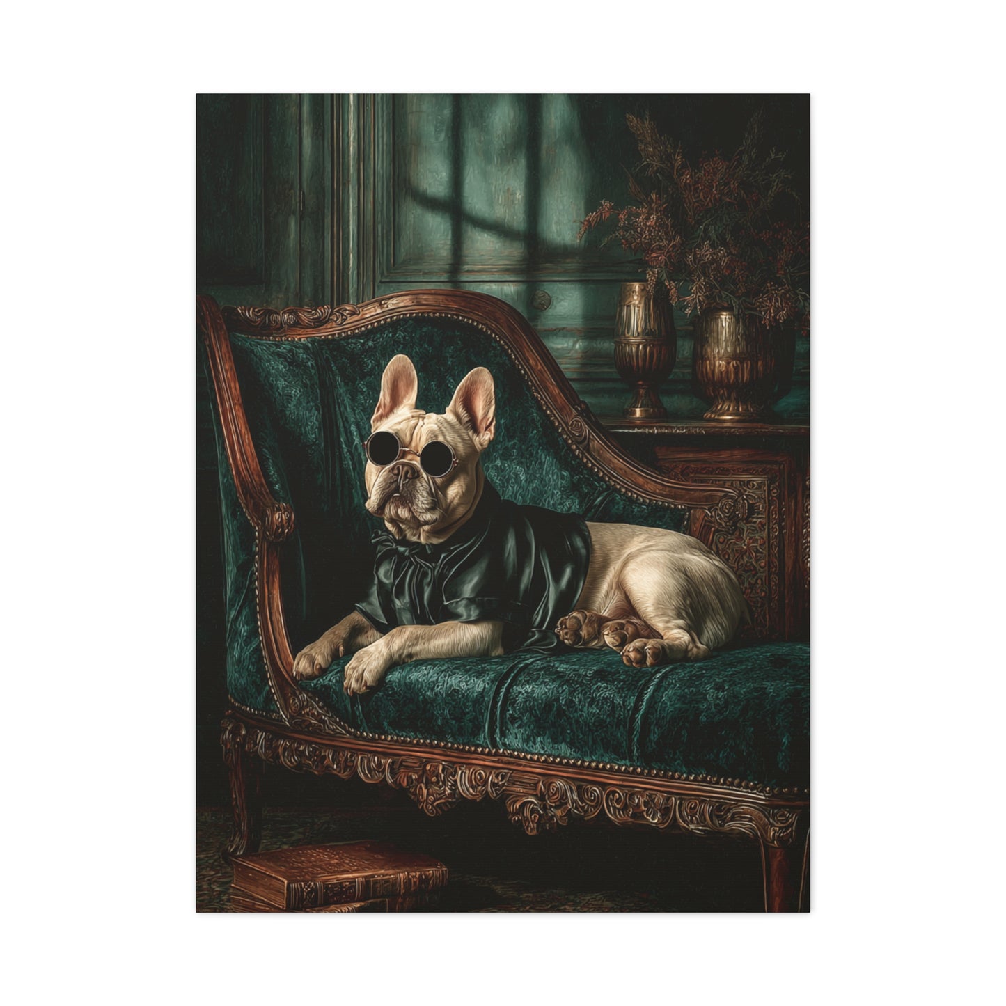 French Bulldog on Emerald Velvet Chaise Wall Art & Canvas Print