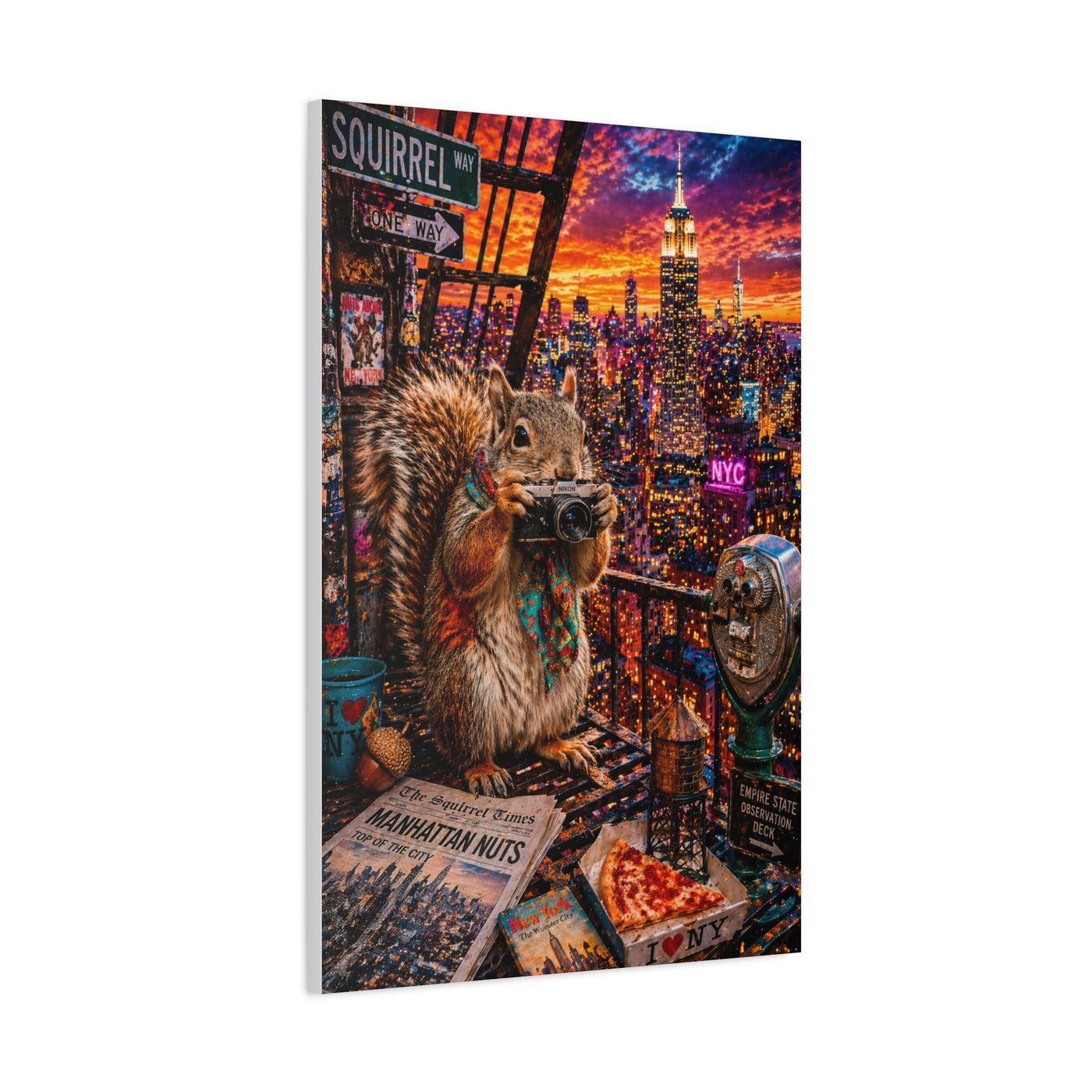 Surreal NYC Squirrel Rooftop Scene Wall Art & Canvas Print