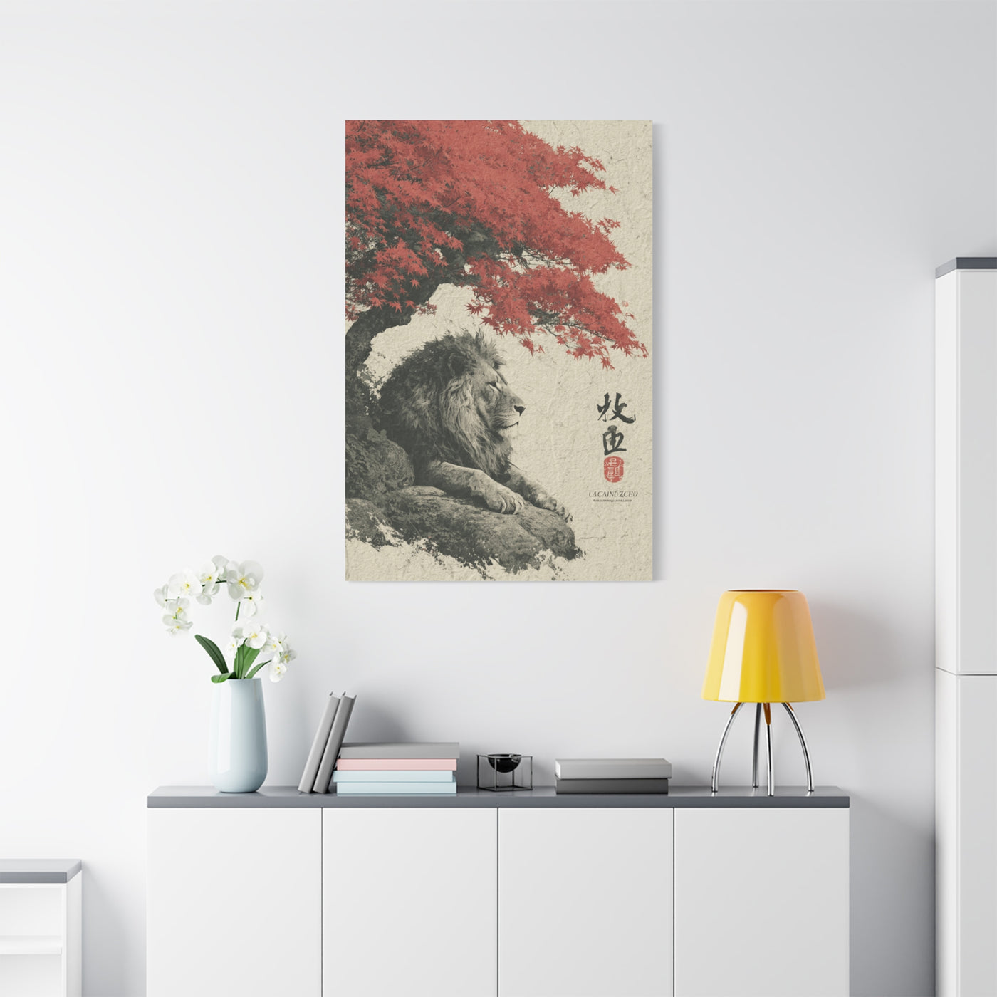Lion Under Red Maple Zen Composition Wall Art & Canvas Print