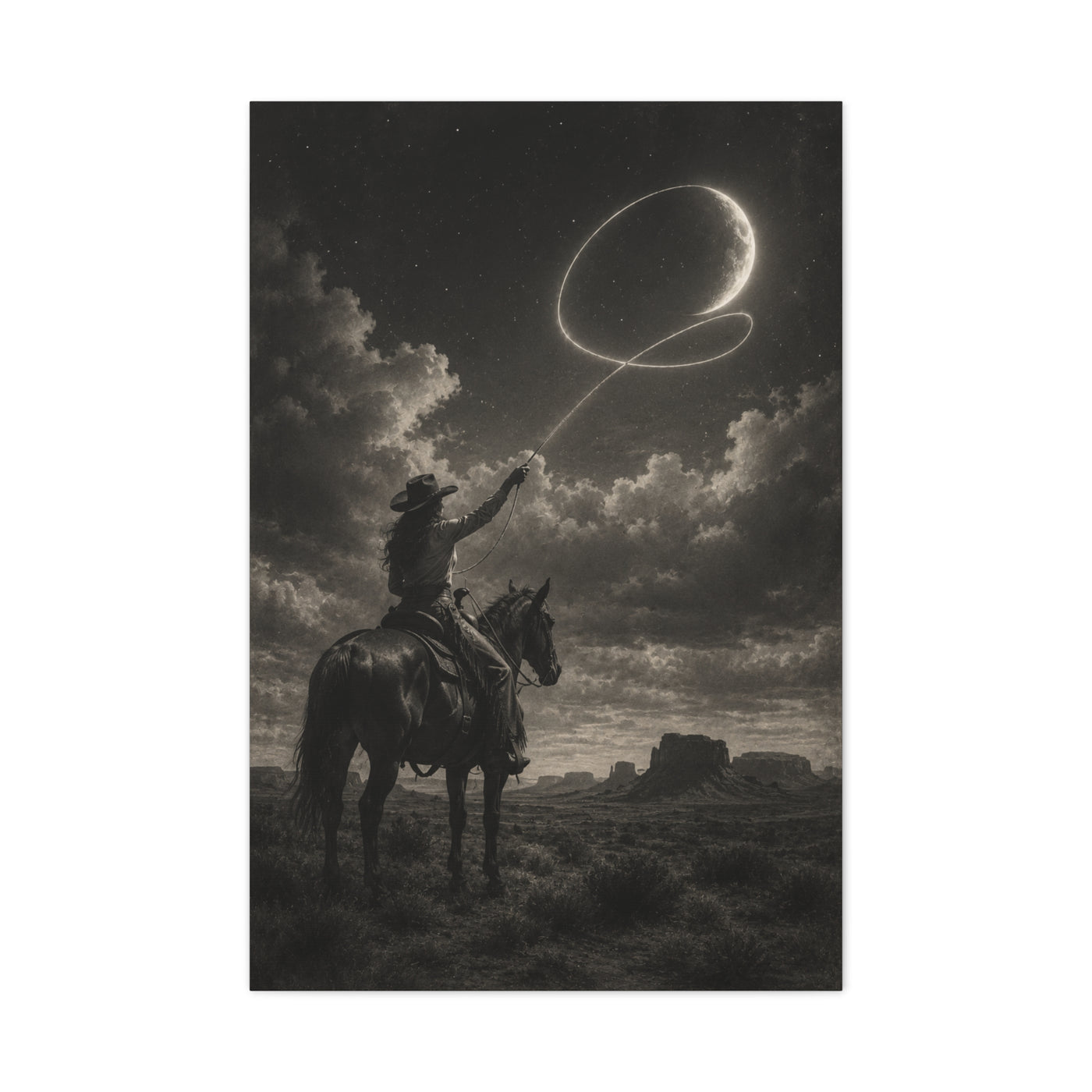 Cowgirl Moon Lasso Silhouette Scene Wall Art & Canvas Print