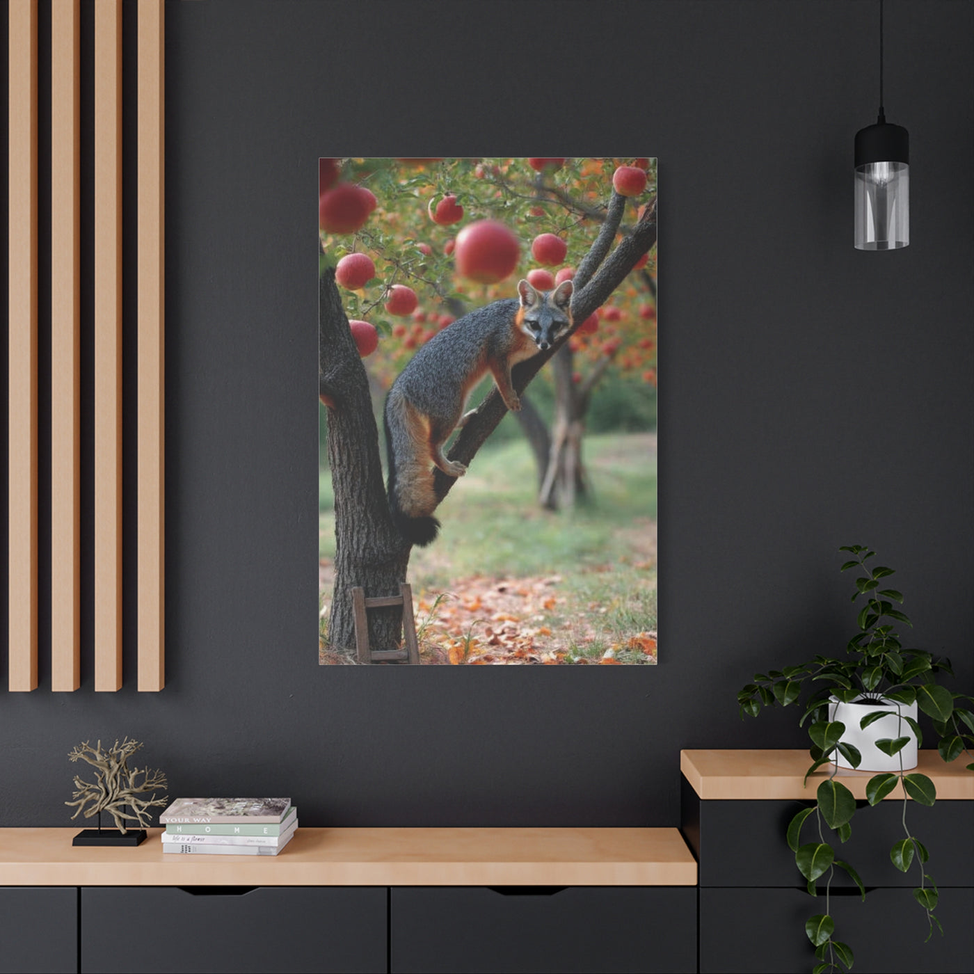 Orchard Gray Fox Climbing Apple Tree Wall Art & Canvas Print