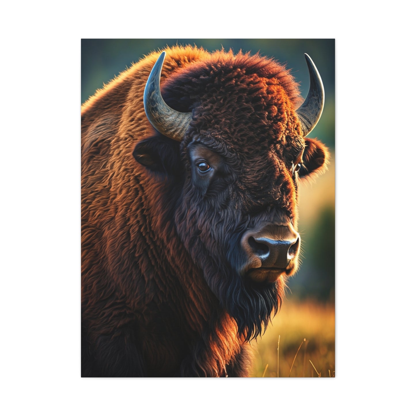 Golden Hour Bison Side Portrait with Warm Prairie Light Wall Art & Canvas Print