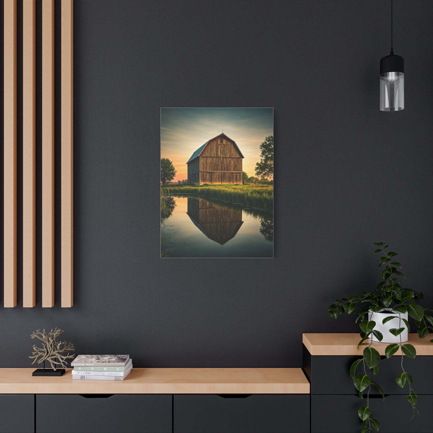 Reflected Barn in Tranquil Waters Wall Art & Canvas Prints