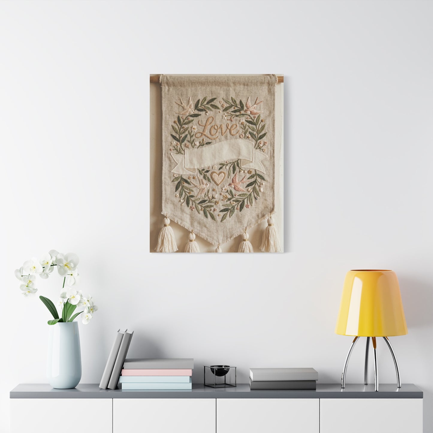 Bohemian Love Embroidered Textile Banner Wall Art & Canvas Print