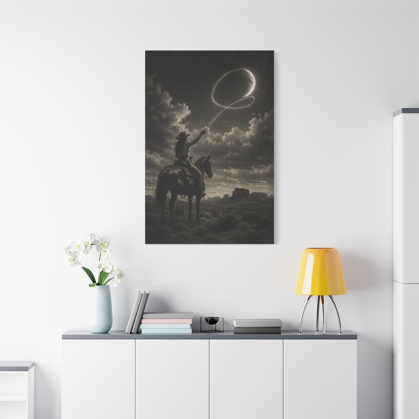 Cowgirl Moon Lasso Silhouette Scene Wall Art & Canvas Print
