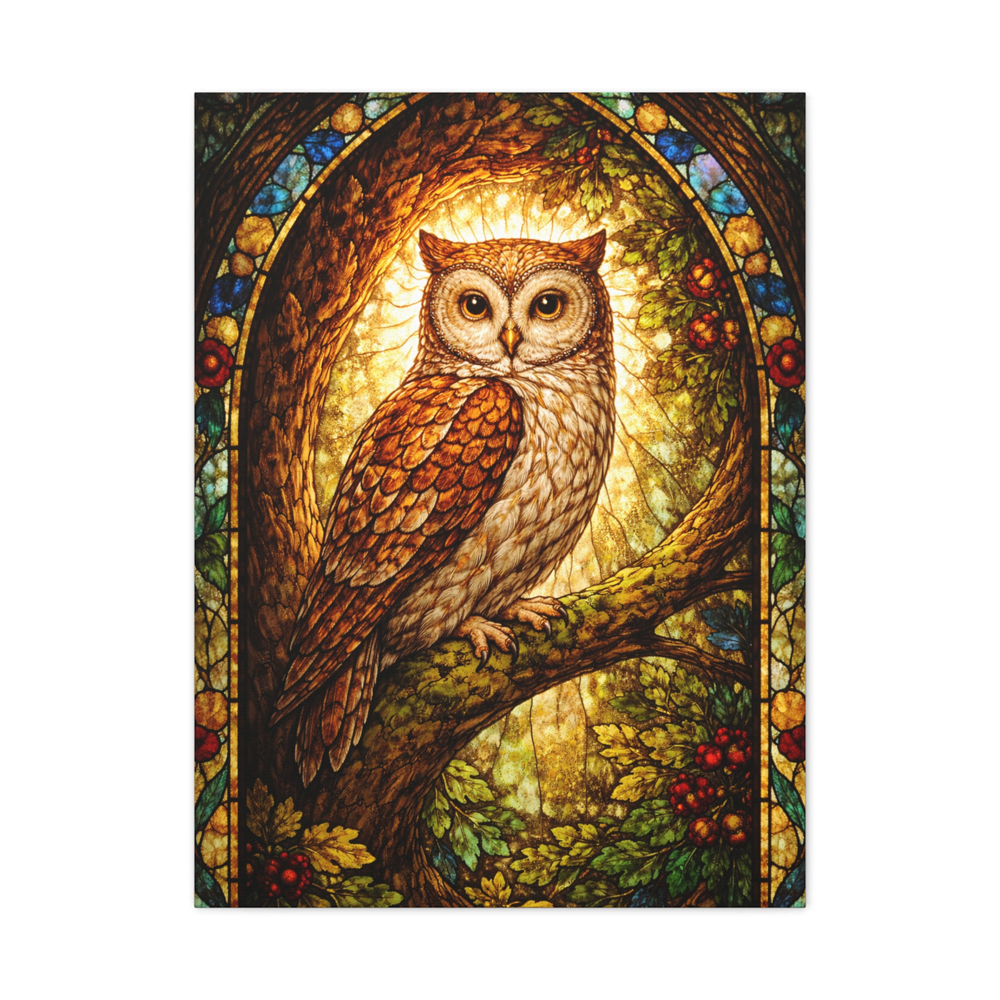 Stained Glass Forest Owl Window Wall Art & Canvas Print