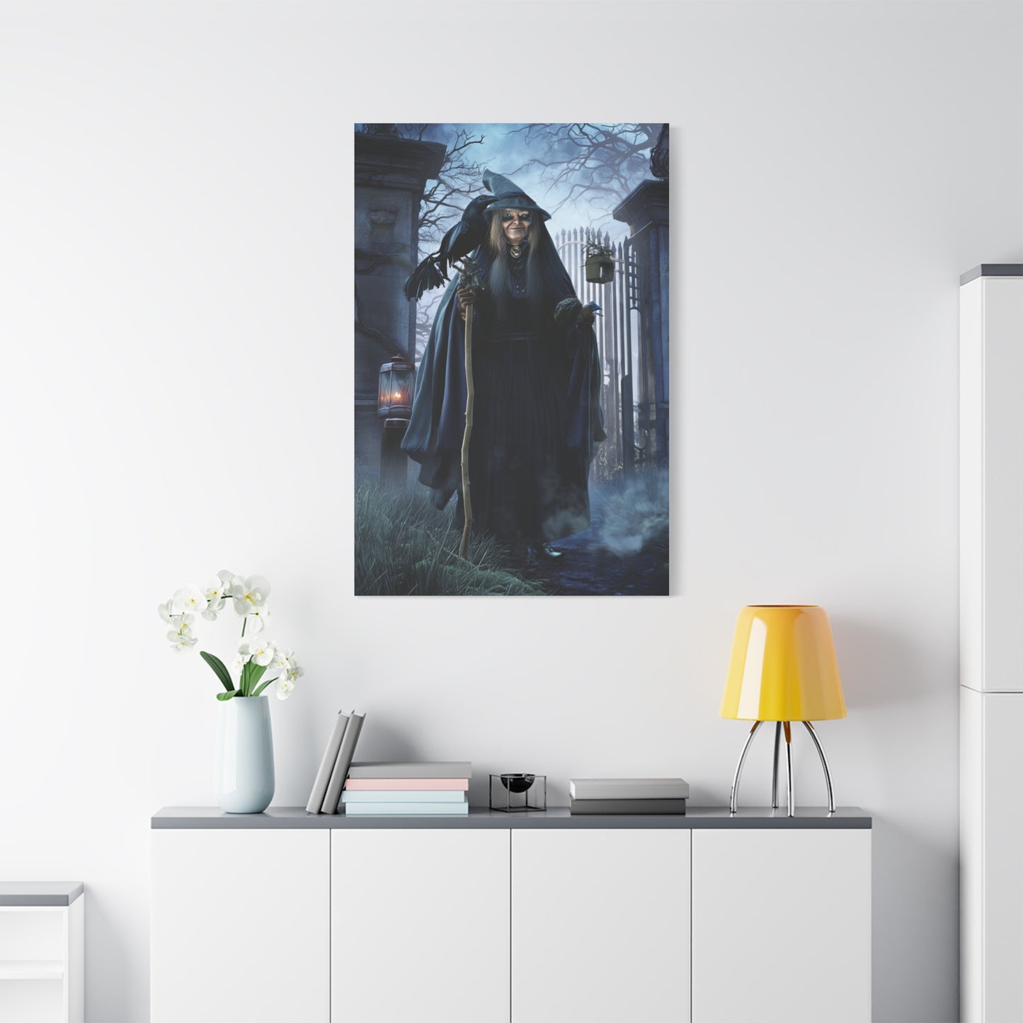 Witch with Raven at the Moonlit Cemetery Gate Wall Art & Canvas Print