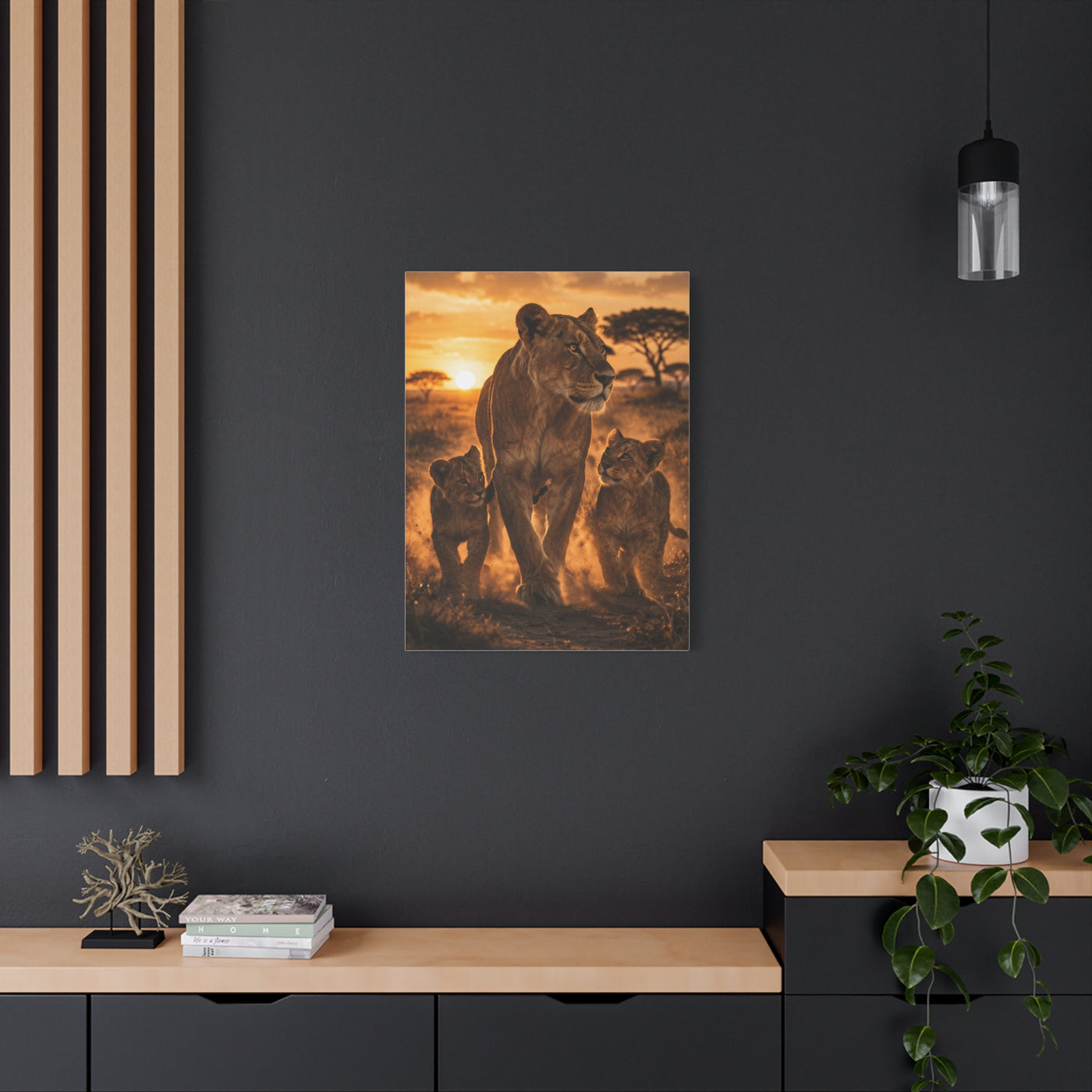 Lioness with Cubs Golden Path Wall Art & Canvas Print