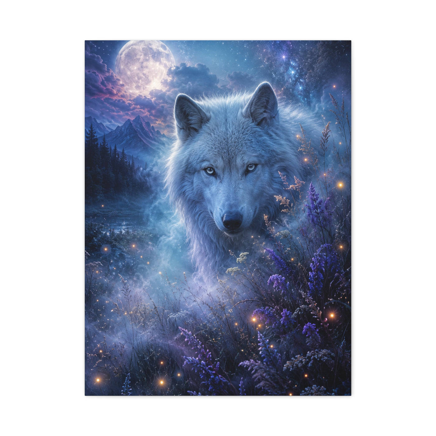 Moonlit White Wolf Portrait Wilderness Scene Wall Art & Canvas Print